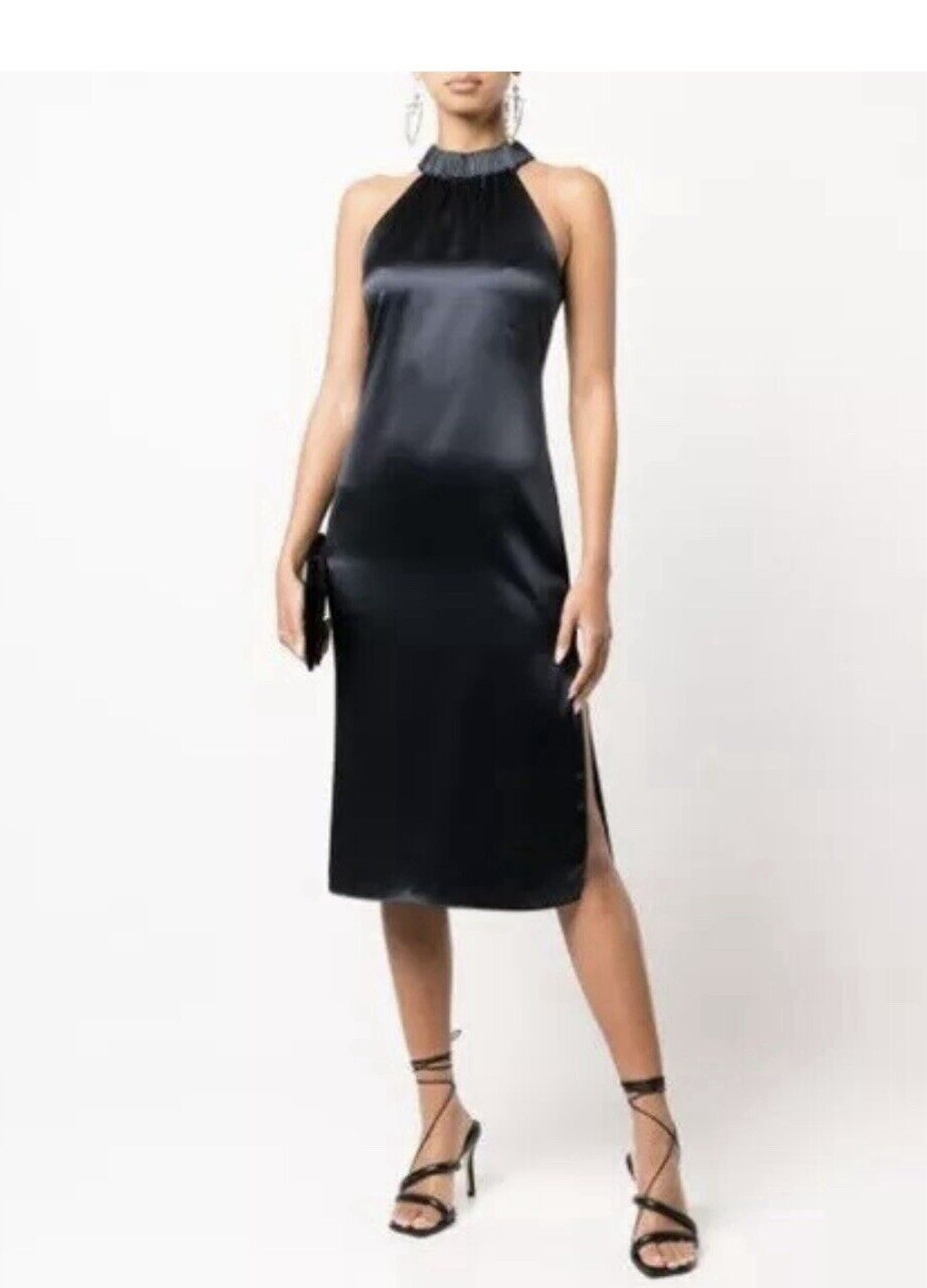 Frame Satin Shirred Halter Neck Midi Dress Navy Blue Size Small Xs Msrp $598.00